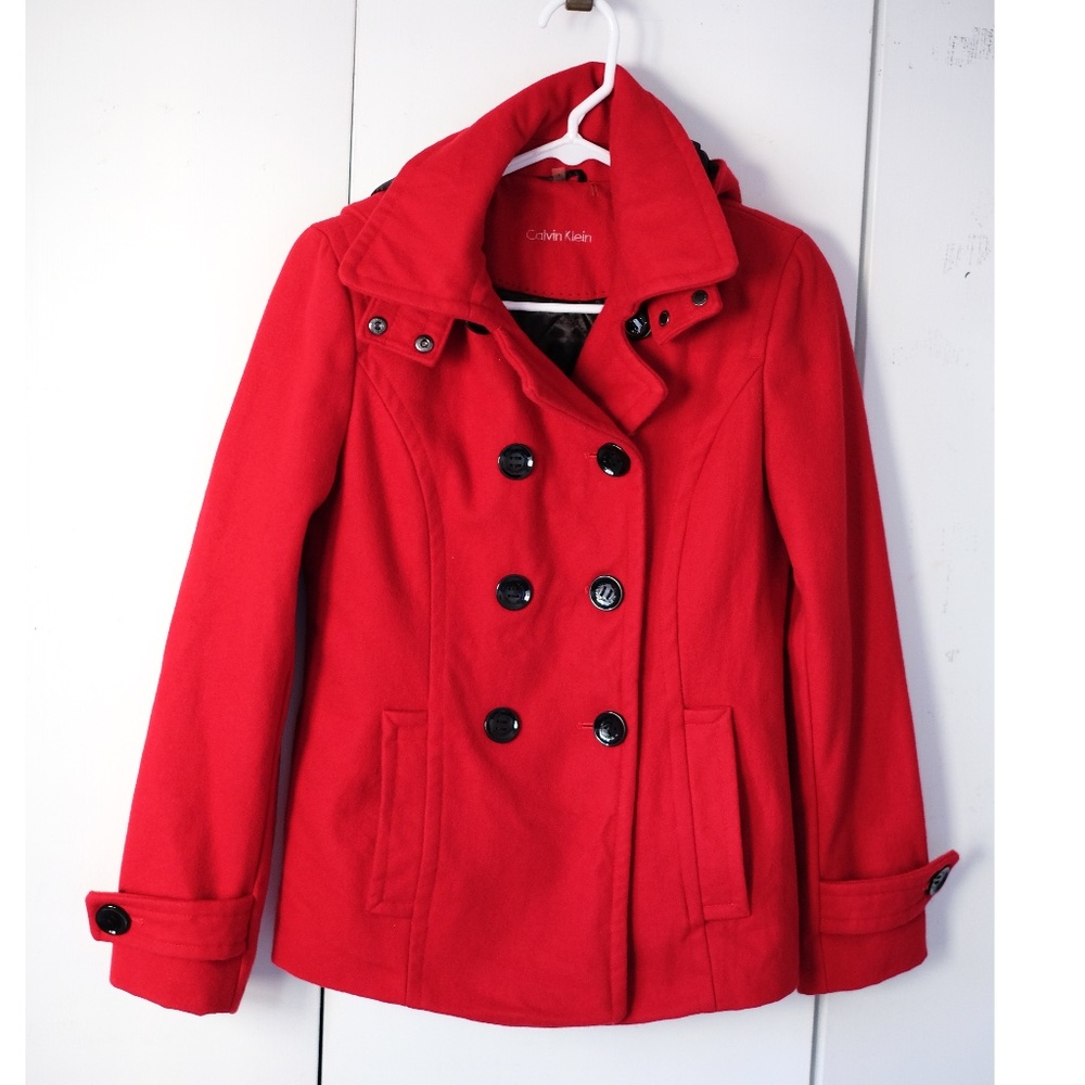 CK red peacoat, removable hood, sz 4, small